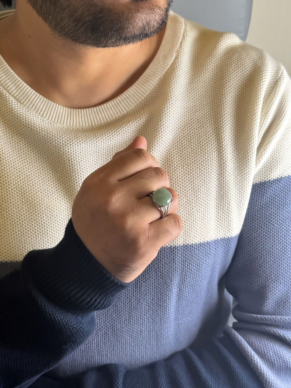 Man wearing Green Jade male ring in silver finish