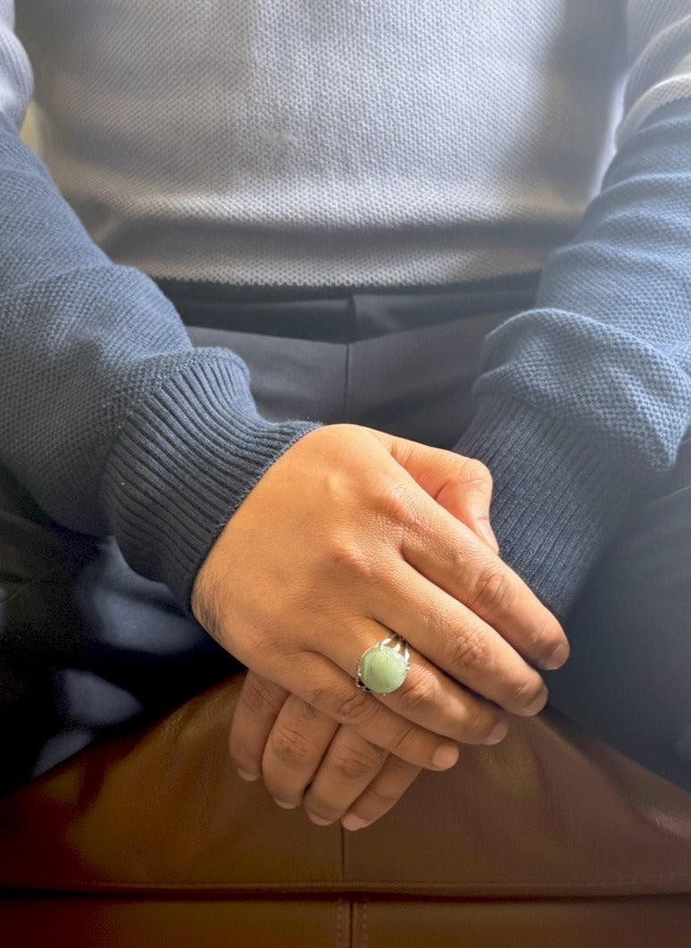 Mens Green Jade ring in soft daylight