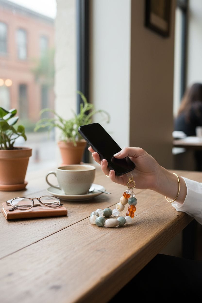 woman holding phone with crystal phone keychain