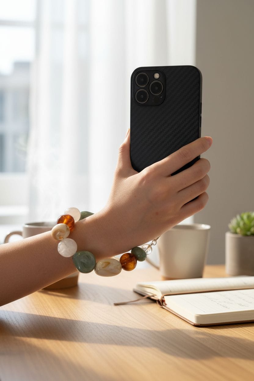 hand holding phone with crystal keychain hanging from case