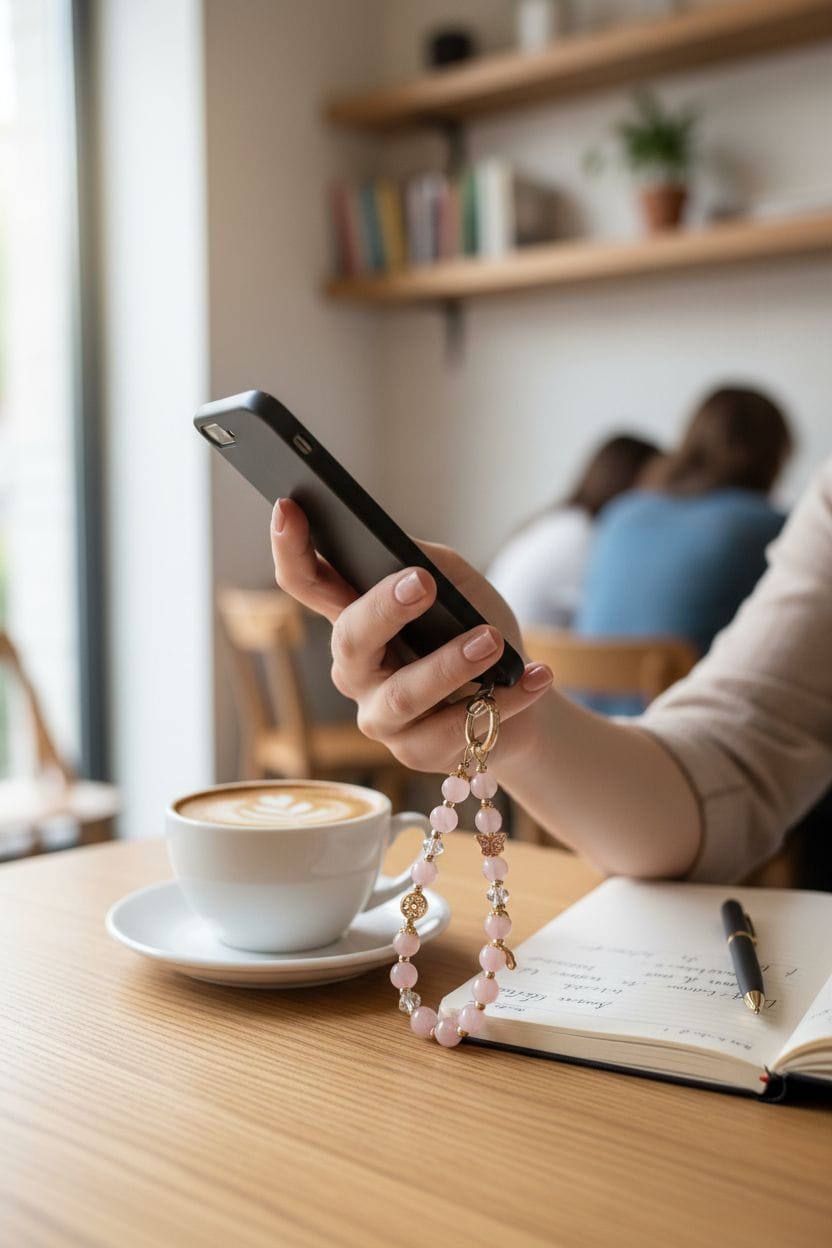 rose quartz and white jade phone keychain