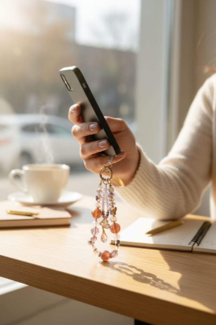 Iridescent crystal phone keychain with butterfly charm