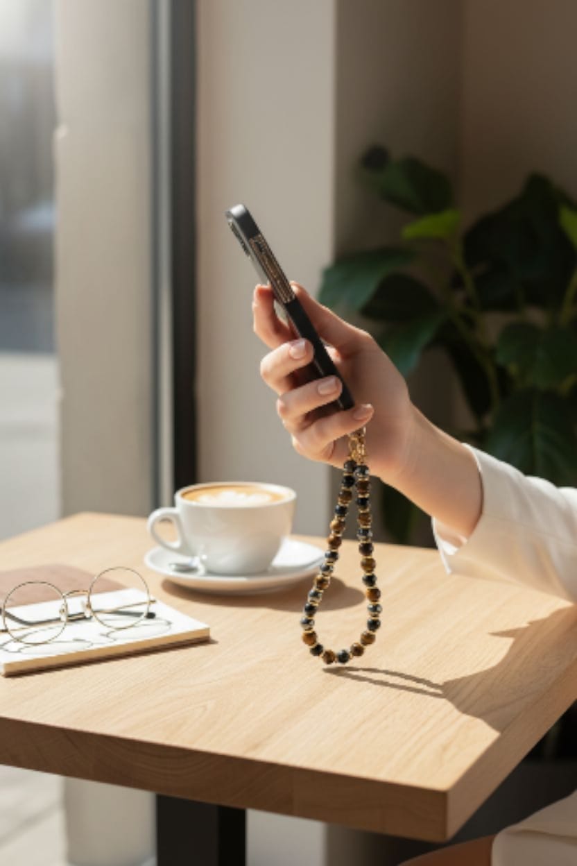 Natural stone phone strap with Tiger Eye beads