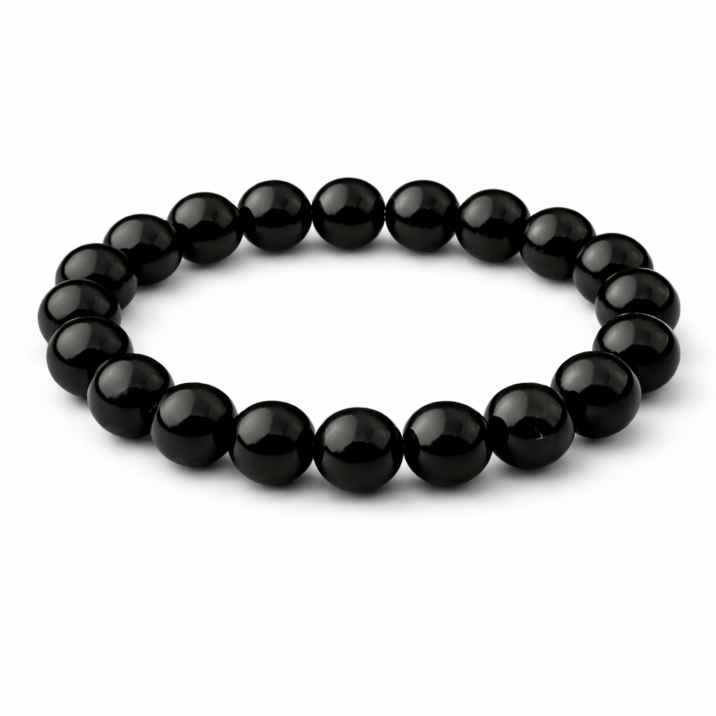 Black beaded bracelet on a white background