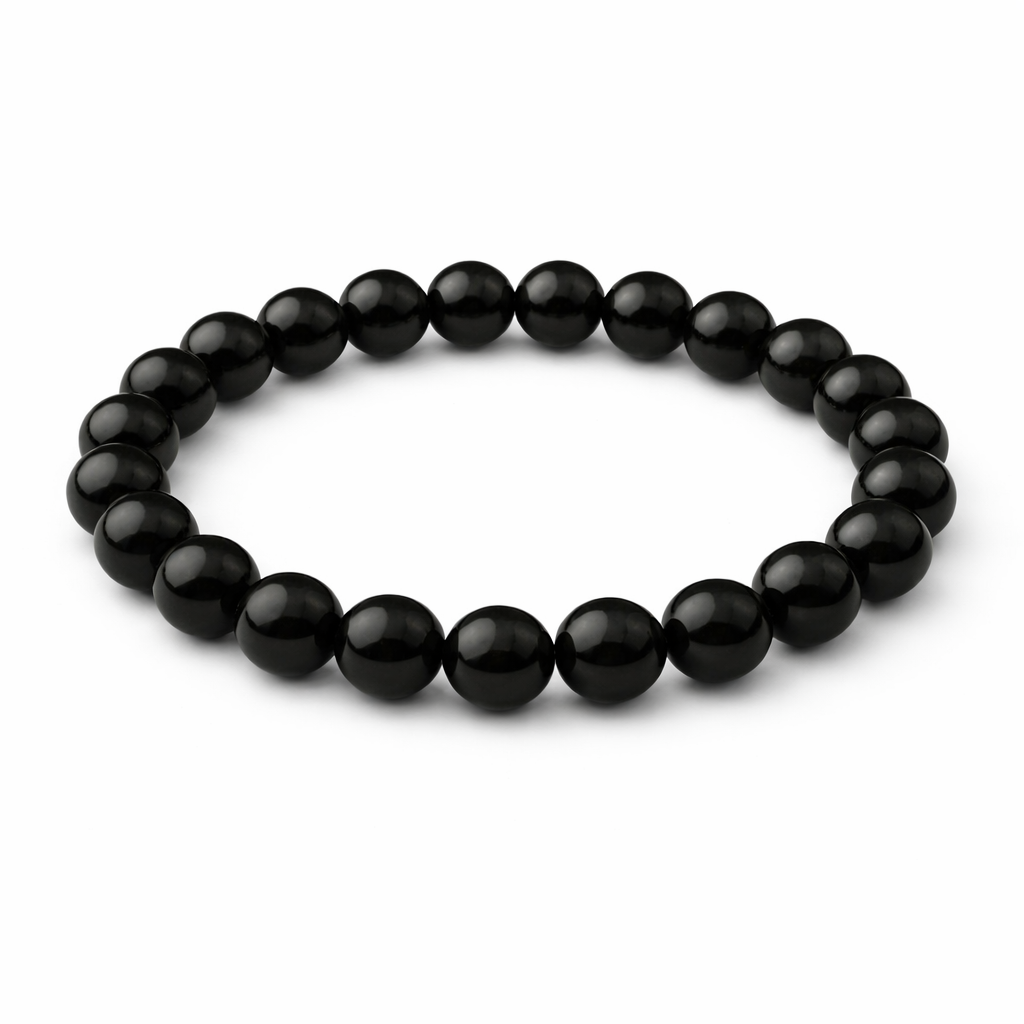 Black beaded bracelet on a white background