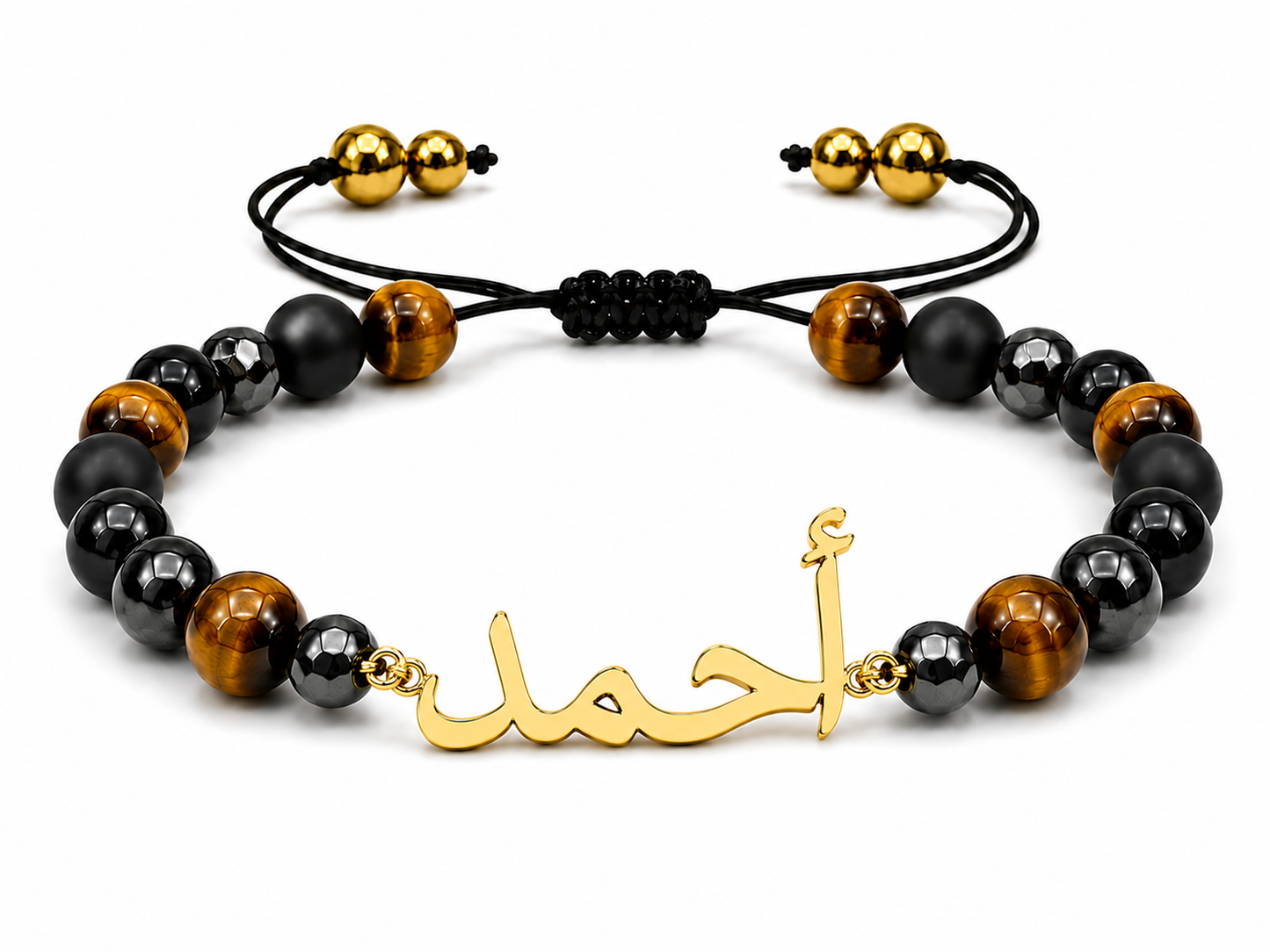 Beaded bracelet with gold charm on a white background
