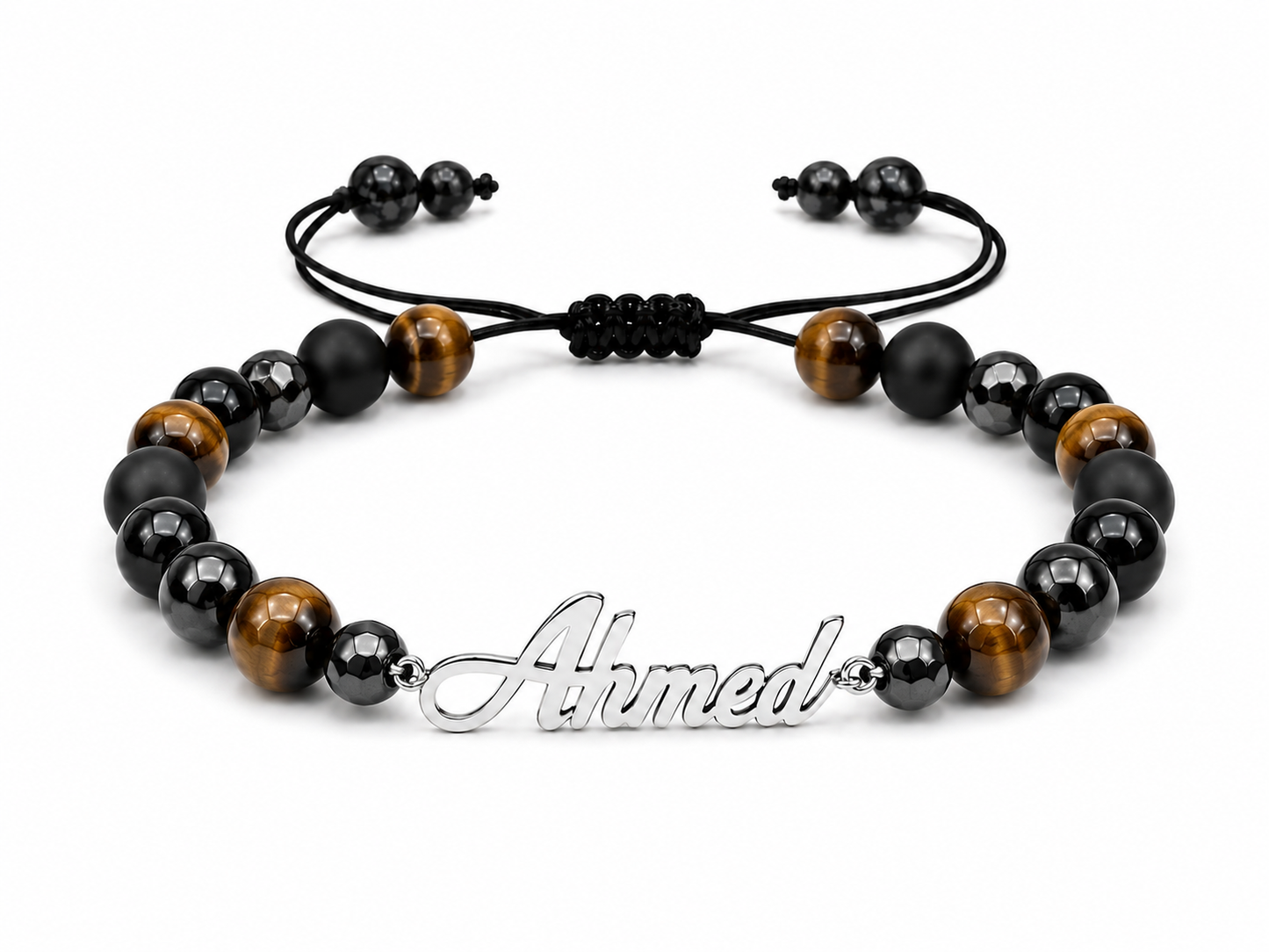Beaded bracelet with 'Ahmed' charm on a white background