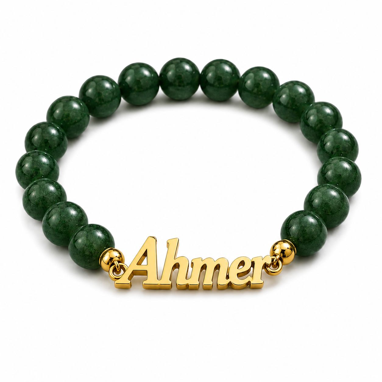 Green beaded bracelet with a gold 'Ahmer' charm on a white background