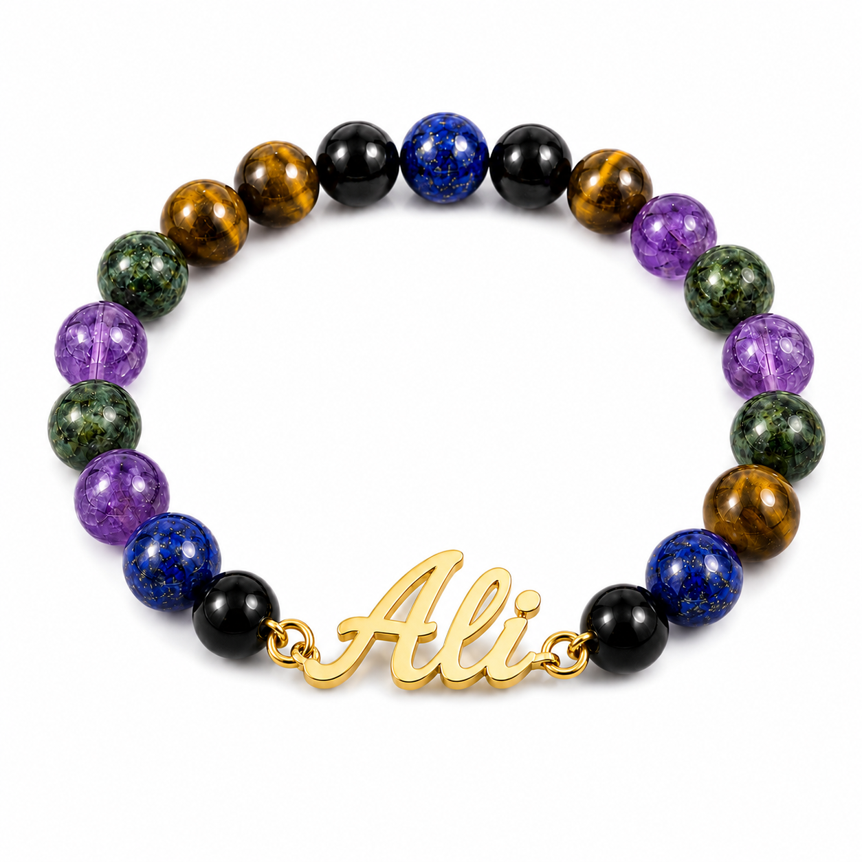 Multicolored beaded bracelet with a gold 'Ali' charm on a white background
