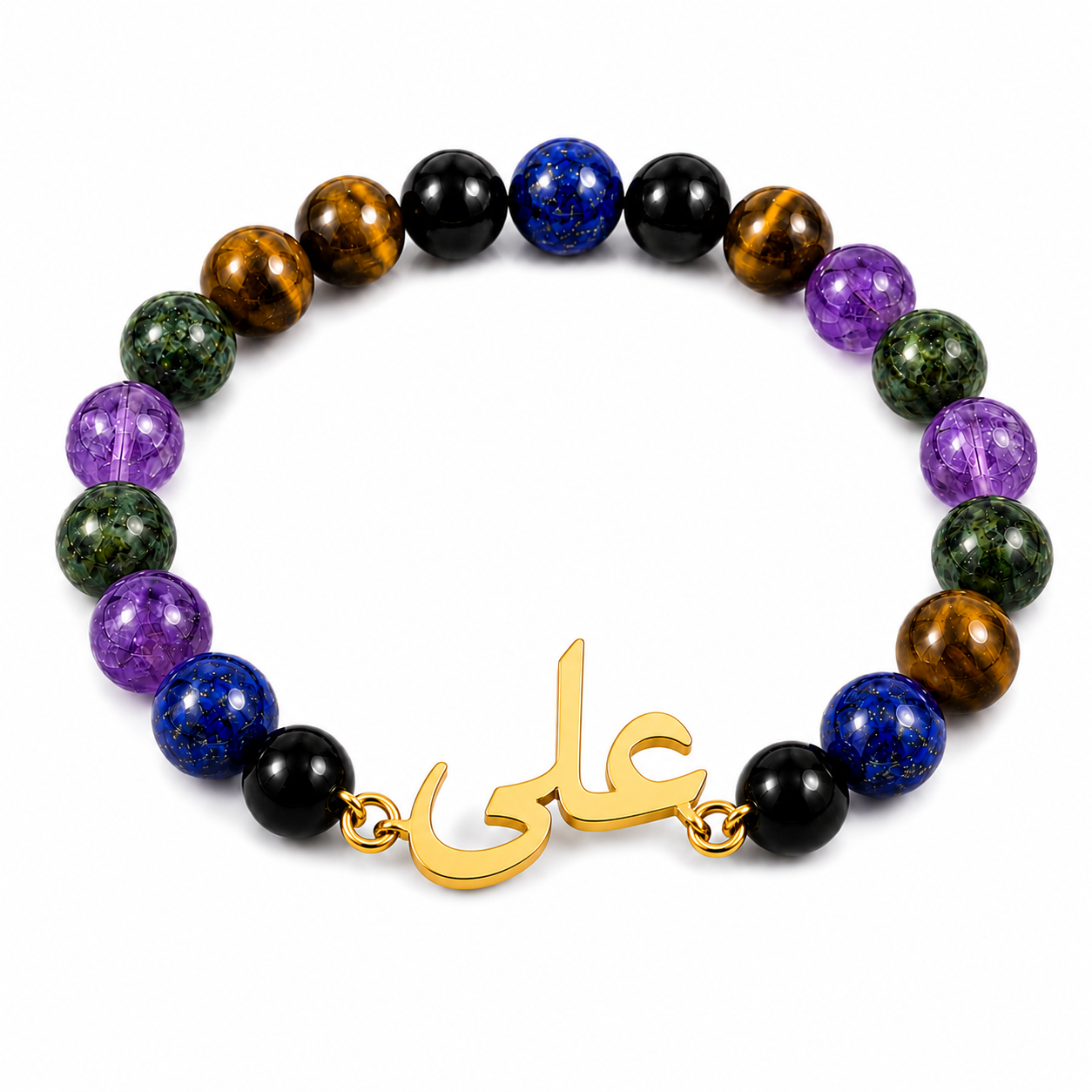 Multicolored beaded bracelet with a gold charm on a white background