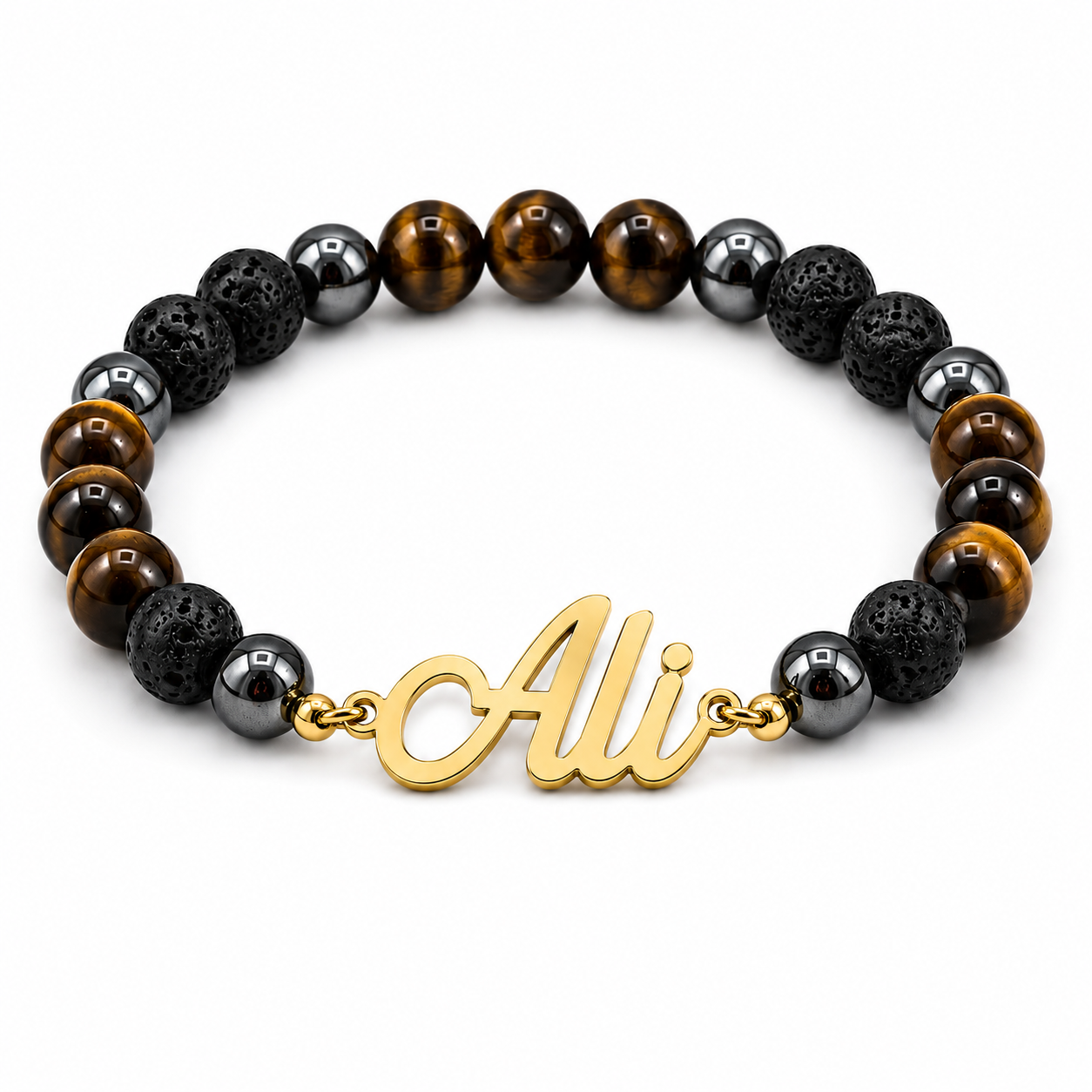 Tiger Eye & Black Lava Valor Name Bracelet for Men