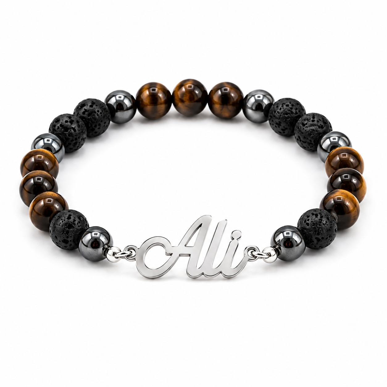 Bracelet with beaded design and 'Ali' charm on a white background