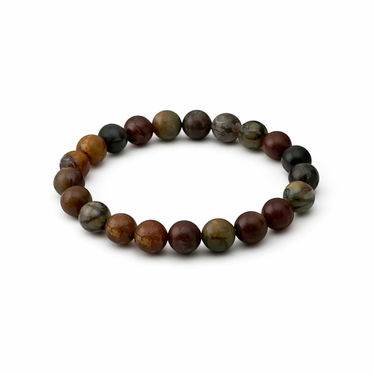 Round beaded bracelet with brown and green colors on a white background