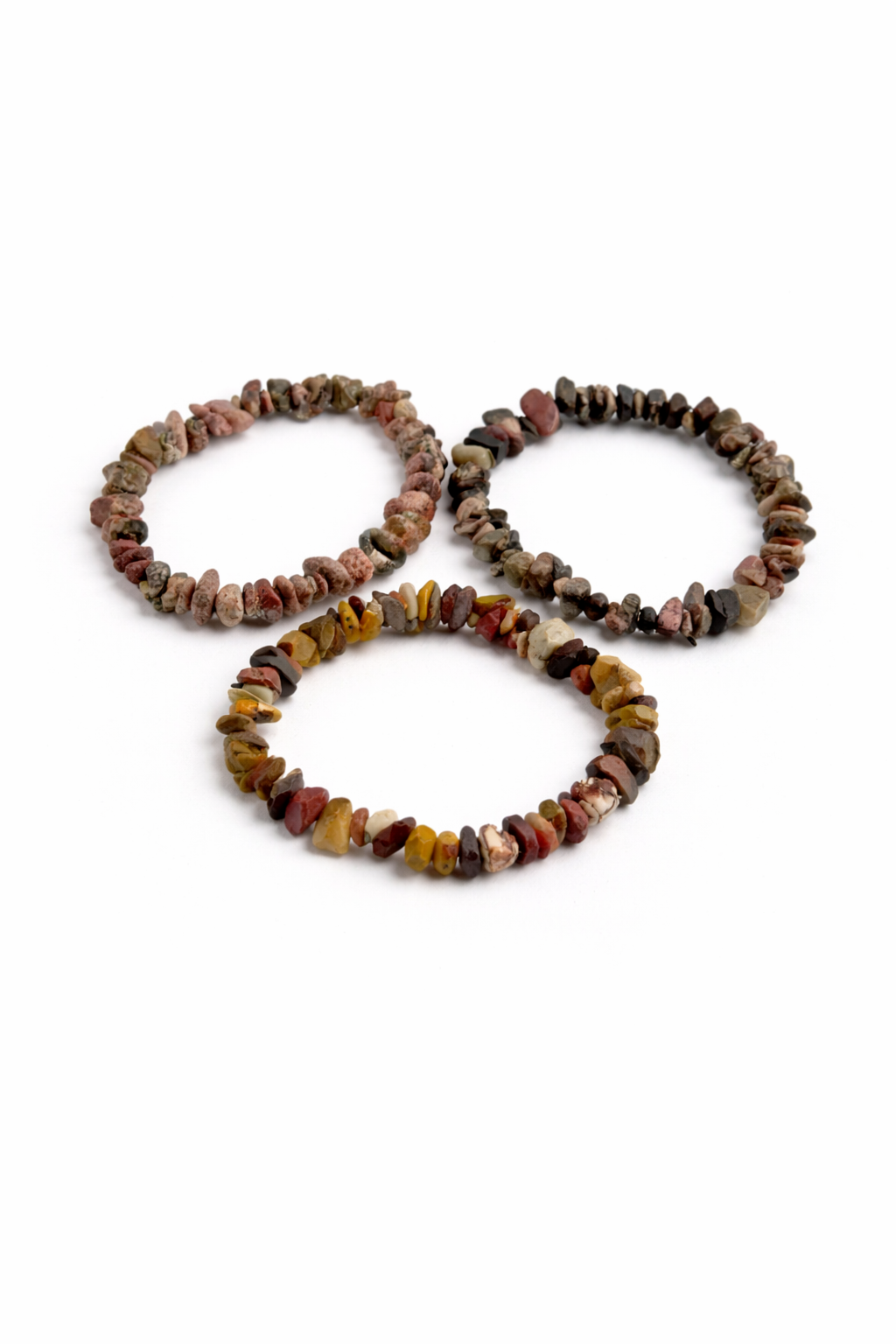 Three stone beaded bracelets on a white background