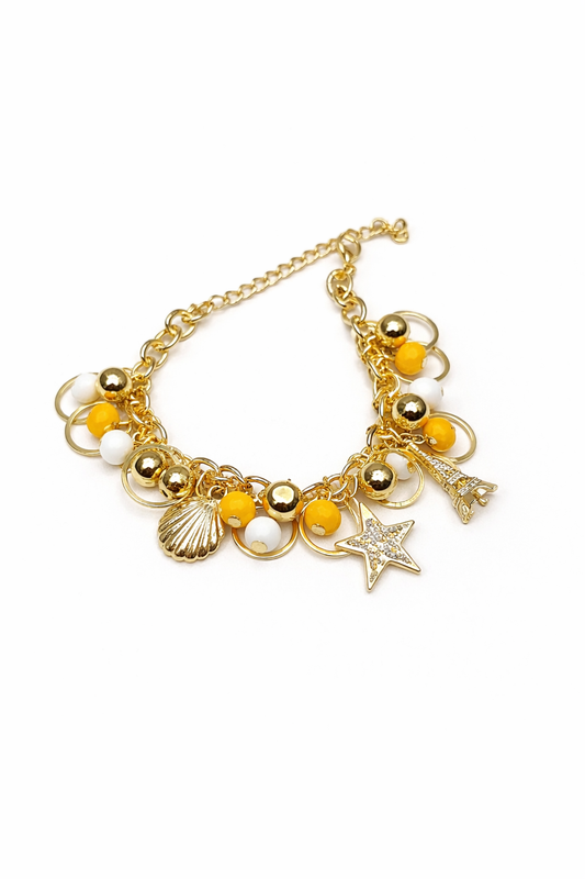 Yellow & White Beaded Gold-Tone Charm Bracelet with Star & Shell Details