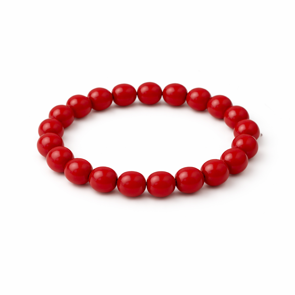 Red beaded bracelet on a white background