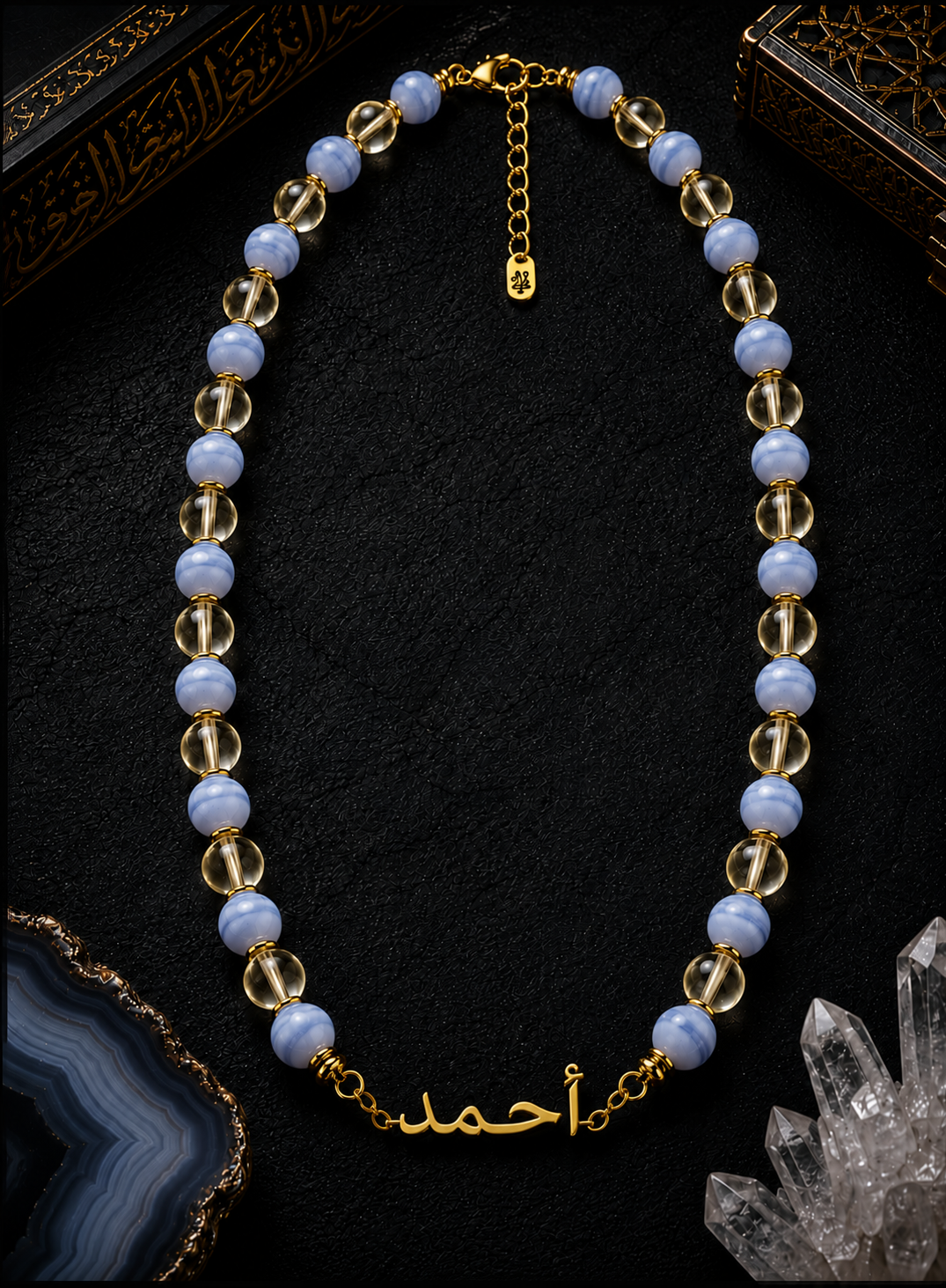 Blue Lace Agate & Clear Quartz Custom Name Necklace