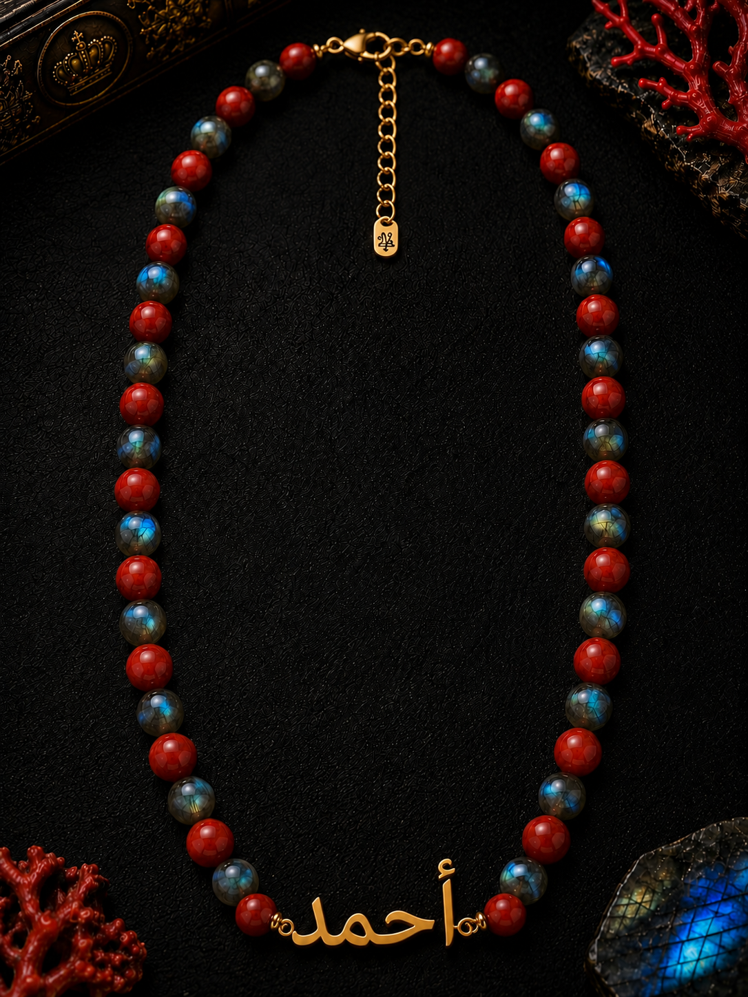Red Coral & Labradorite Custom Name Necklace Men