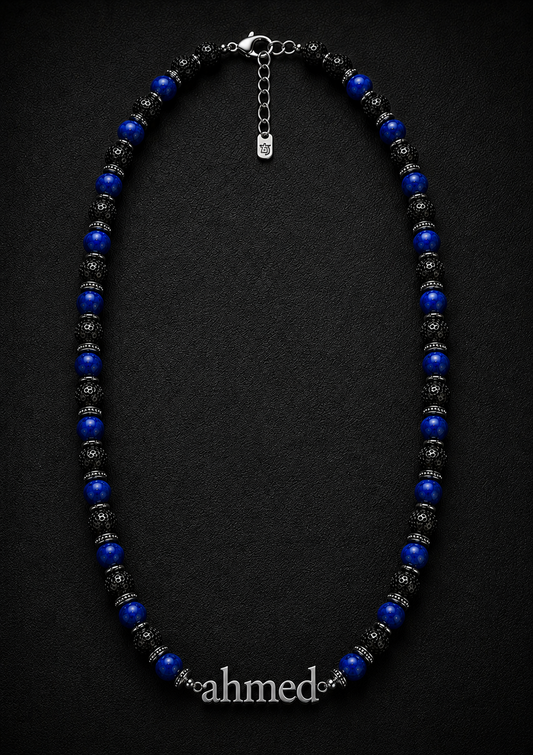 Lapis Lazuli & Black Lava Custom Name Necklace for Men