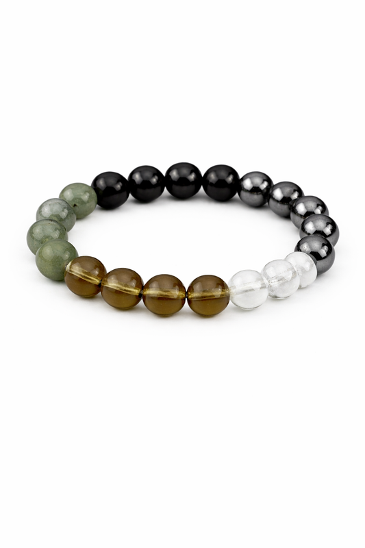 Multicolored beaded bracelet on a white background