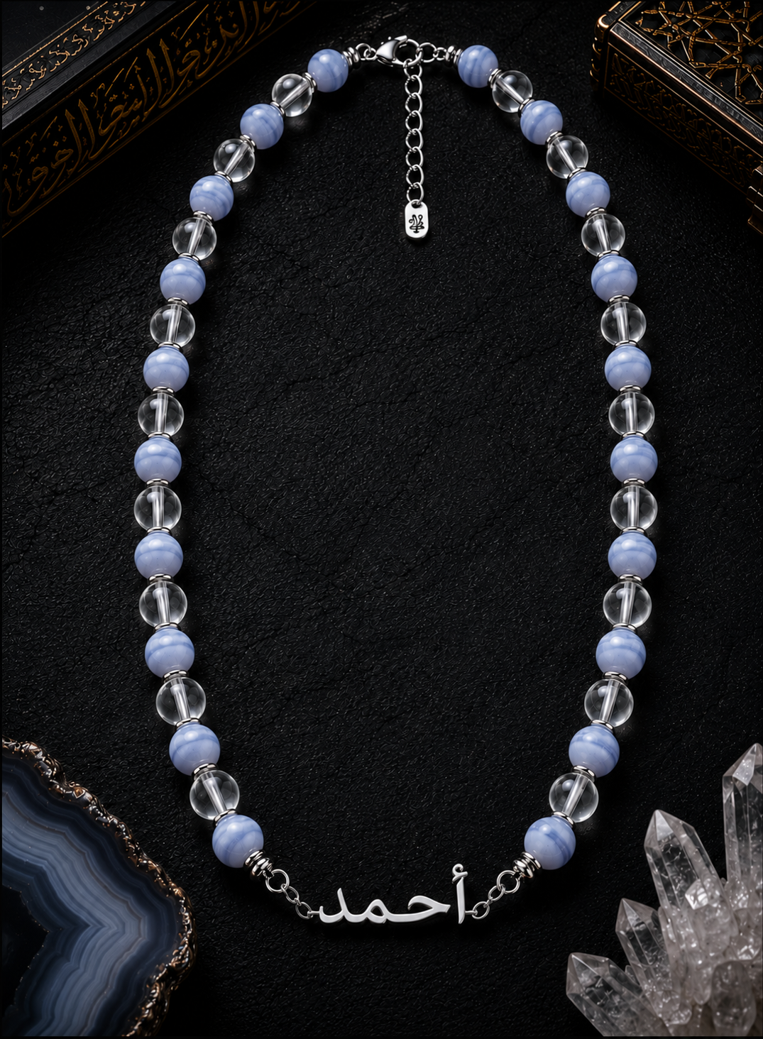 Blue Lace Agate & Clear Quartz Custom Name Necklace