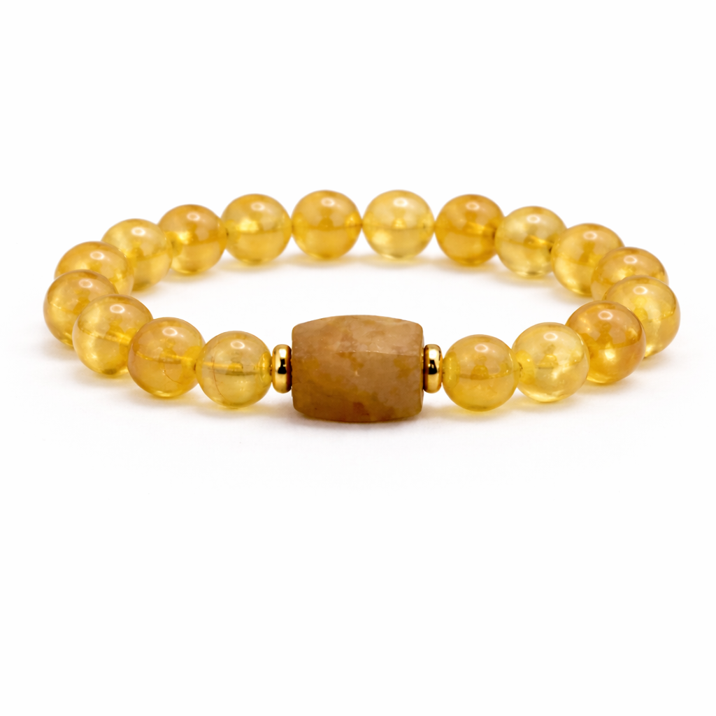 Beaded bracelet with yellow beads and a brown bead on a white background