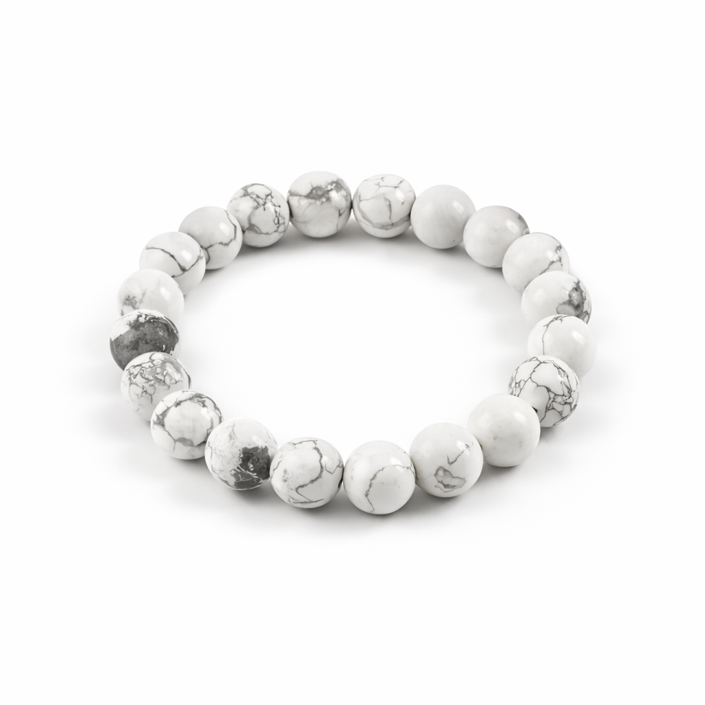 White and gray beaded bracelet on a white background