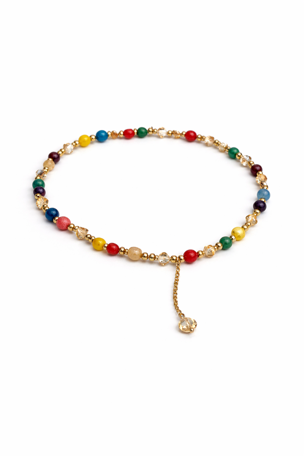 Colorful beaded necklace with a gold clasp on a white background
