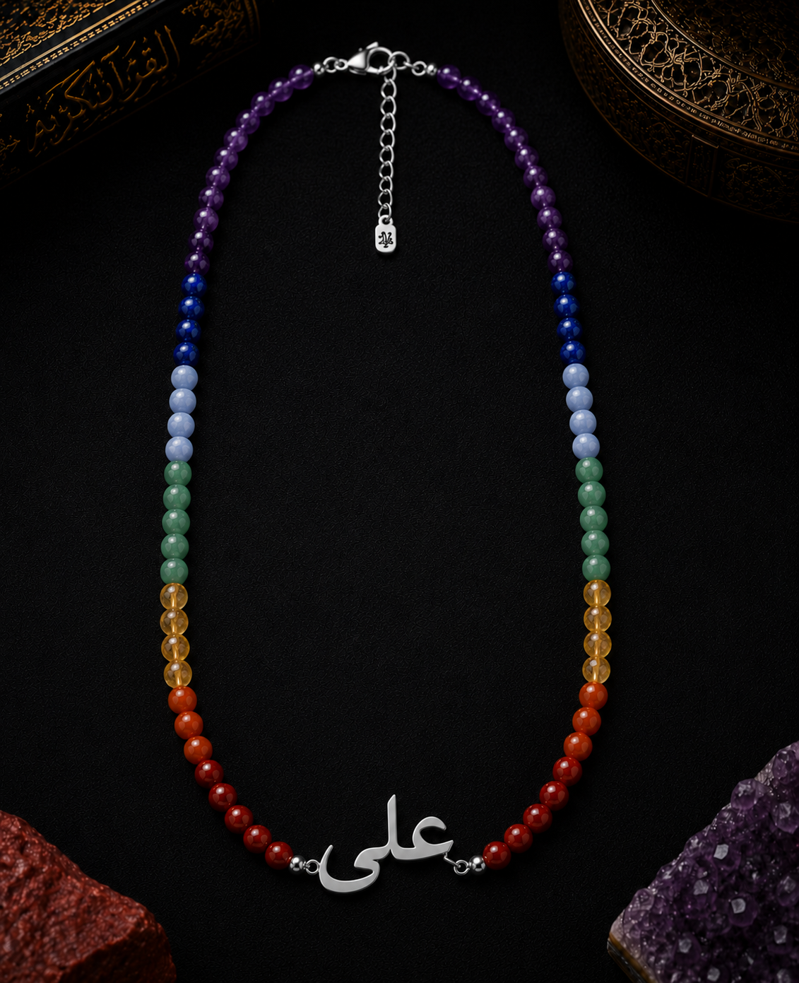 Multicolored beaded necklace on a dark background
