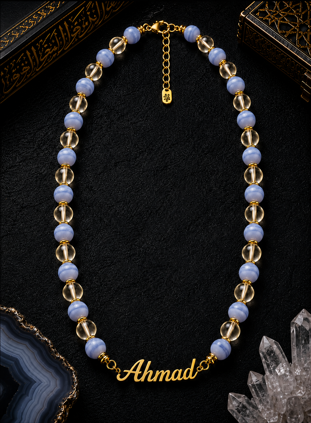 Blue Lace Agate & Clear Quartz Custom Name Necklace