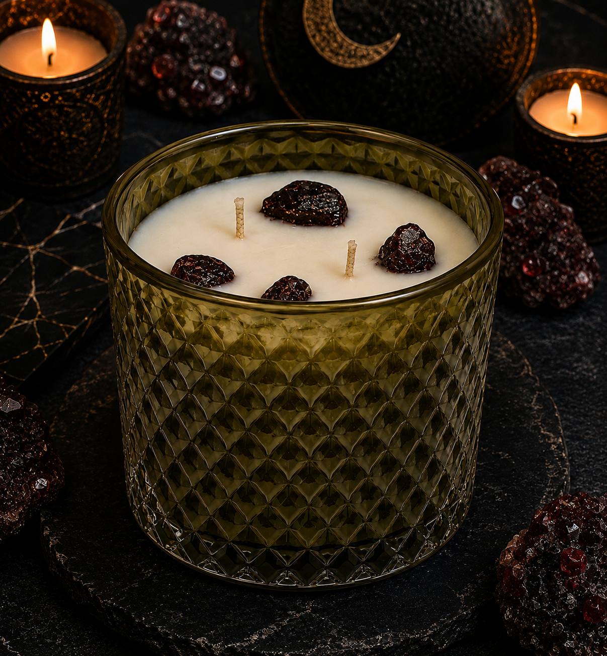 Green textured candle with dark berries on a dark background