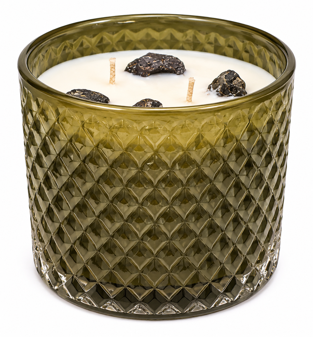 Green textured glass candle with visible wicks on a white background