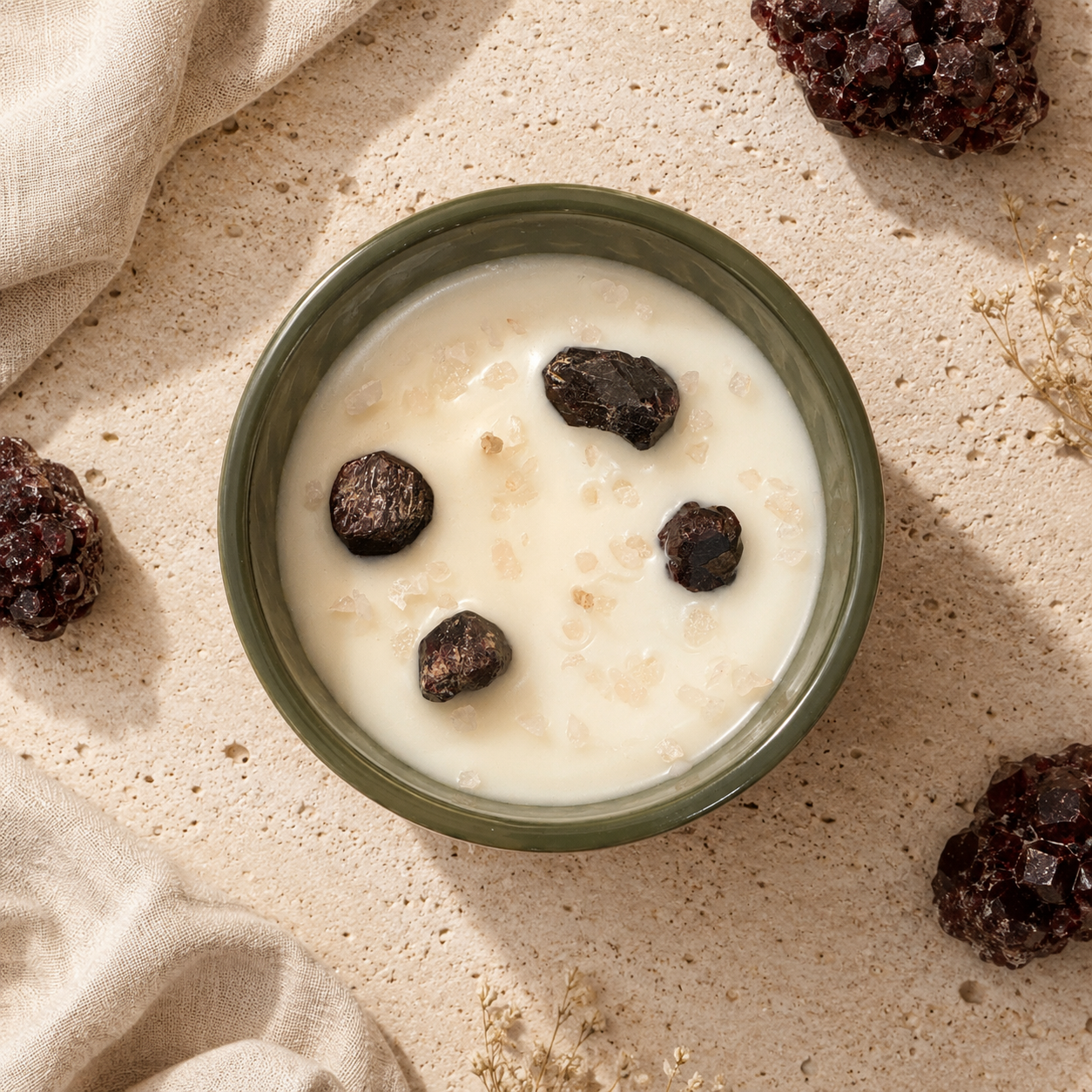 Green bowl of creamy dessert with raisins on a beige surface