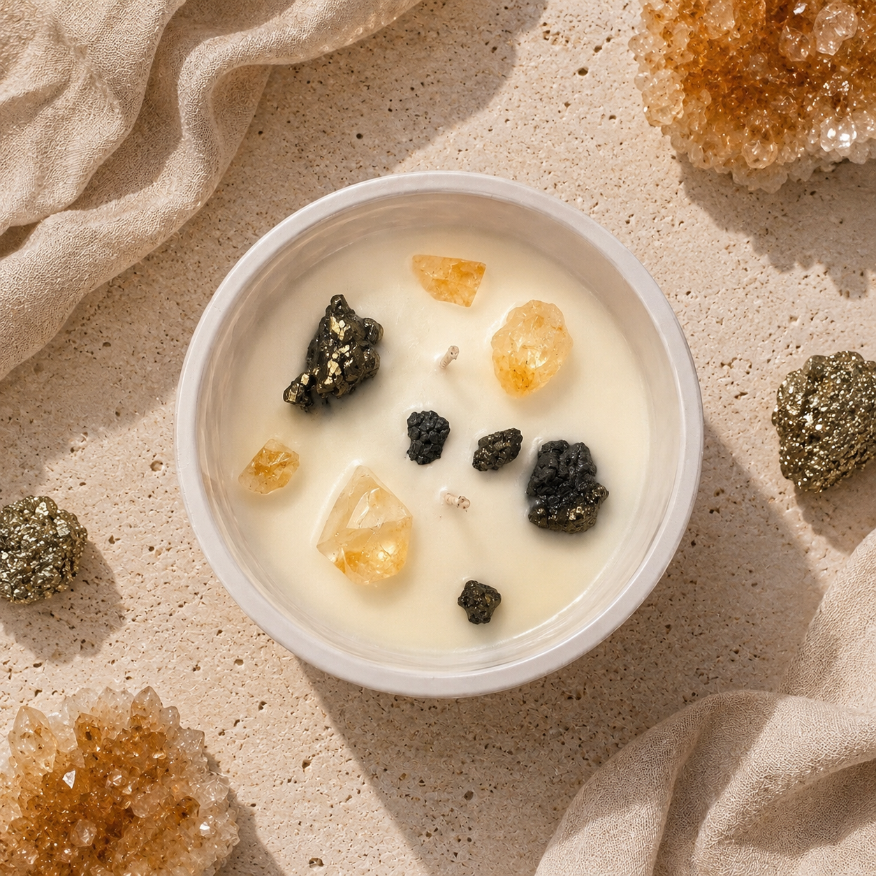 Cup of creamy dessert with black and orange结晶 on a beige surface with crystals around