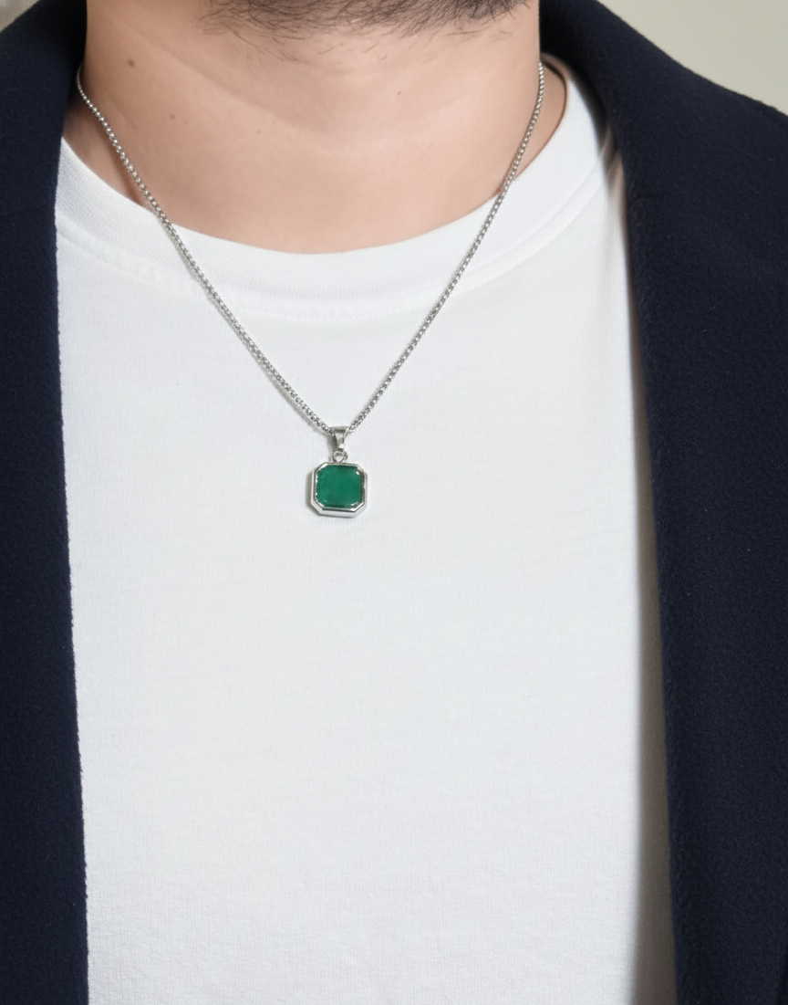 Green Aventurine Square Pendant Men’s Necklace – Natural Green Stone Necklace
