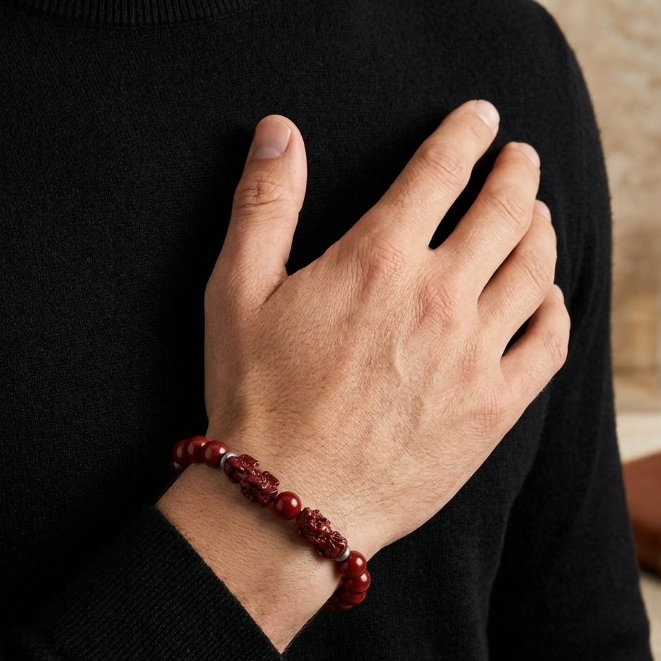 Hand wearing a red beaded bracelet with a blurred background