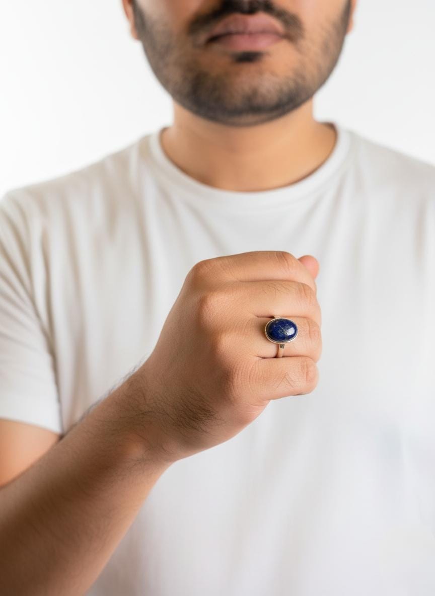 Man wearing rounded Lapis Lazuli ring in silver setting
