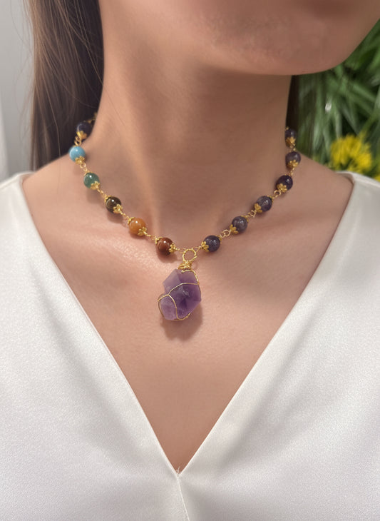 Red Jasper, Carnelian, Tiger Eye, Green Aventurine, Turquoise, Lapis Lazuli & Amethyst Necklace – Vibrant Harmony & Powerful Balance