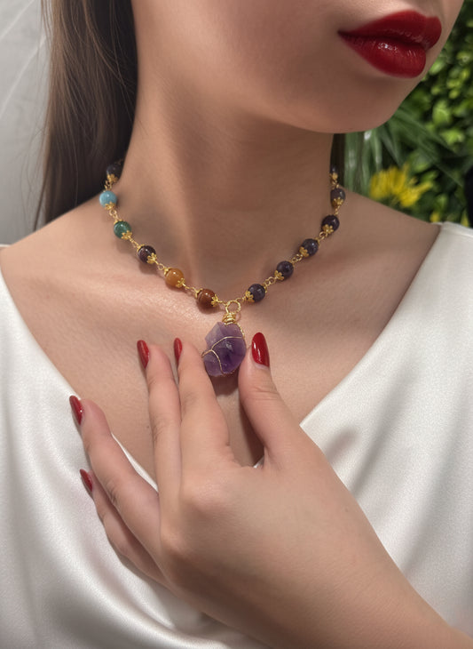 Red Jasper, Carnelian, Tiger Eye, Green Aventurine, Turquoise, Lapis Lazuli & Amethyst Necklace – Vibrant Harmony & Powerful Balance