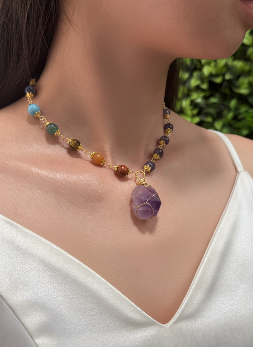 Red Jasper, Carnelian, Tiger Eye, Green Aventurine, Turquoise, Lapis Lazuli & Amethyst Necklace – Vibrant Harmony & Powerful Balance