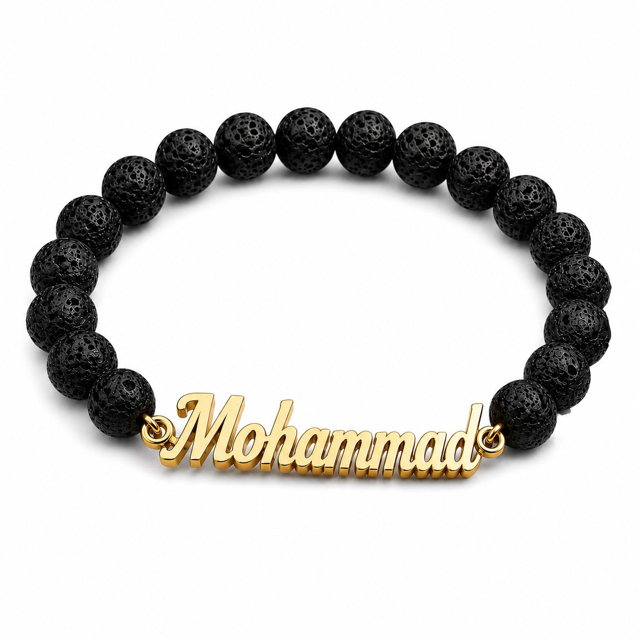 Black beaded bracelet with a gold 'Mohammad' charm on a white background
