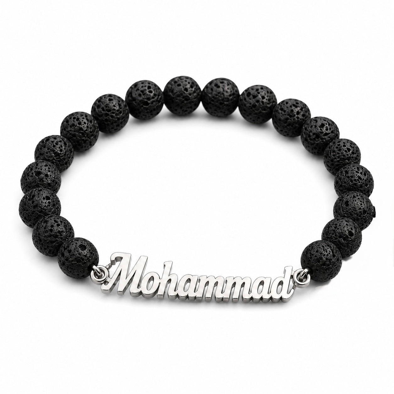 Black beaded bracelet with a silver 'Mohammad' nameplate on a white background