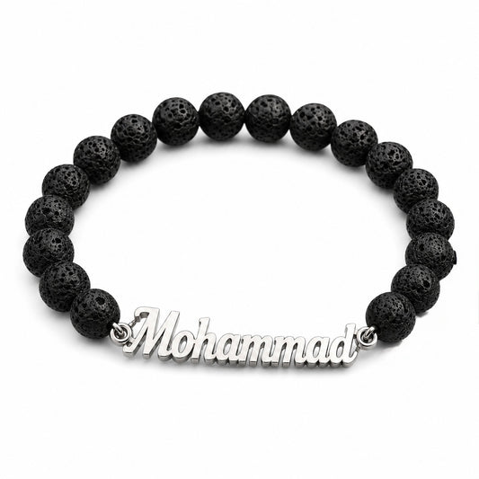 Black beaded bracelet with a silver 'Mohammad' nameplate on a white background