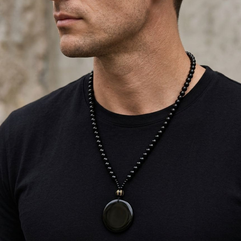 Black Obsidian Protection Round Pendant Necklace