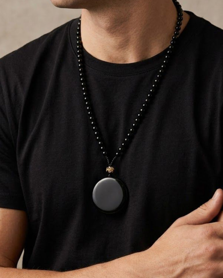 Black Obsidian Protection Round Pendant Necklace