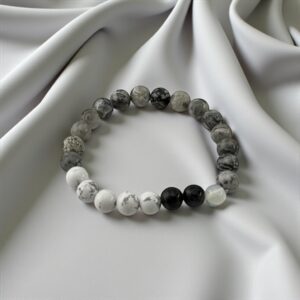 GreyCode – 10mm  Stones: White Howlite + Picasso Jasper + Black Agate + Opalite (For decision-making clarity, mind control, and emotional detachment)