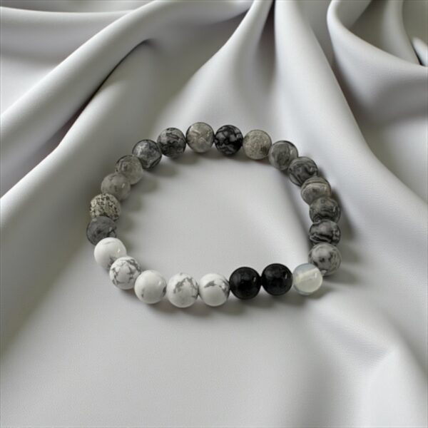 GreyCode – 10mm  Stones: White Howlite + Picasso Jasper + Black Agate + Opalite (For decision-making clarity, mind control, and emotional detachment)