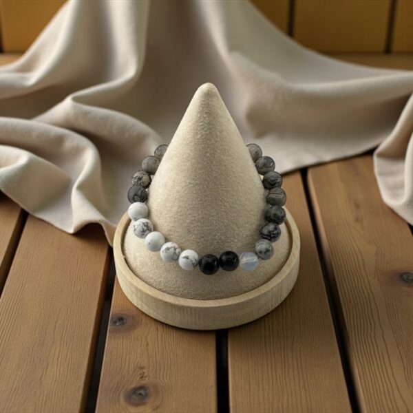 GreyCode – 10mm  Stones: White Howlite + Picasso Jasper + Black Agate + Opalite (For decision-making clarity, mind control, and emotional detachment) - Image 2