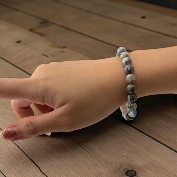 GreyCode – 10mm  Stones: White Howlite + Picasso Jasper + Black Agate + Opalite (For decision-making clarity, mind control, and emotional detachment) - Image 3