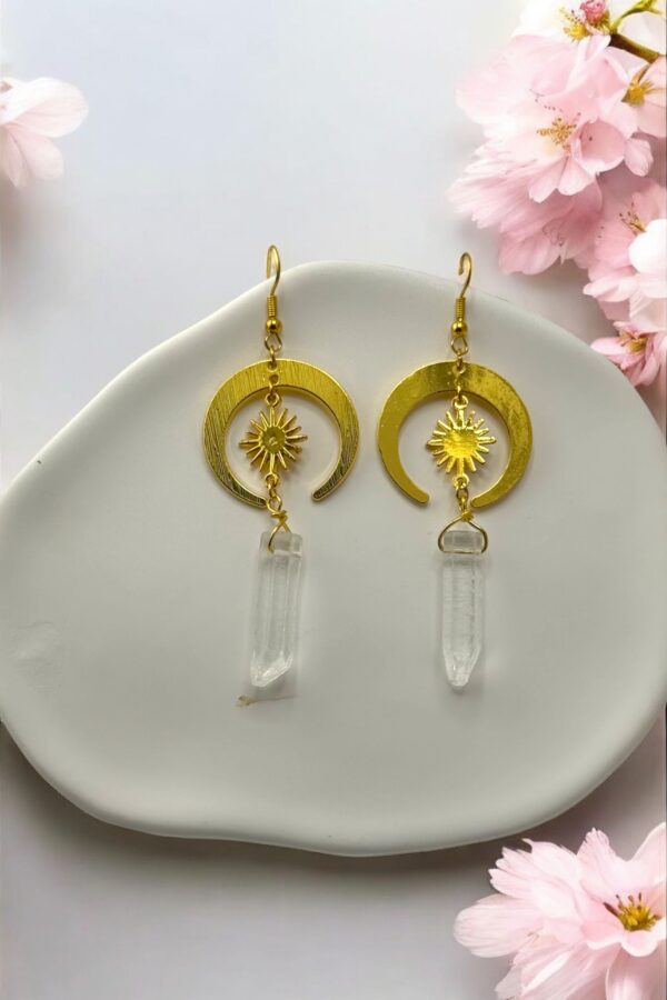 Celestial Beam – Moon & Sun Selenite Earrings - Image 2